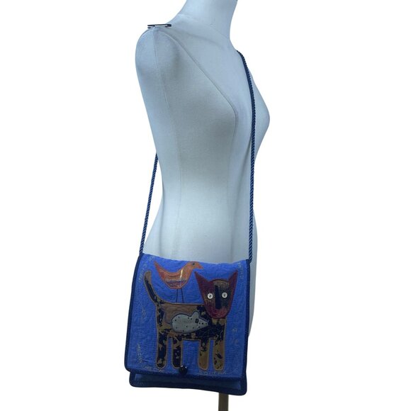Whimsical Handcrafted Blue Cat Bird & Mouse Applique Quilted Crossbody Bag - Picture 8 of 9
